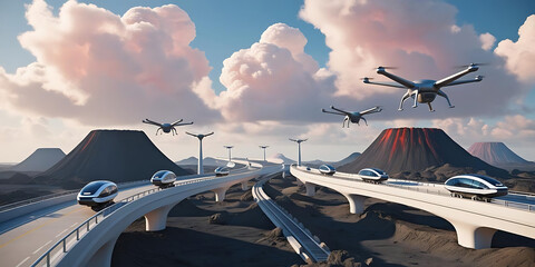 Futuristic landscape featuring sleek cars and drones navigating