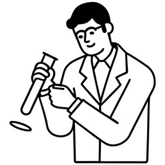 Scientist in Lab Coat Pipetting Liquid into Test Tube Black and White Illustration