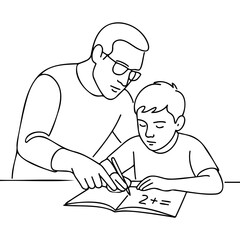 Father helping son with math homework while studying together  