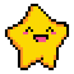 A pixelated yellow star with a smiley face and pink lips. The star is smiling and he is happy