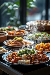 Fototapeta premium A vibrant array of delicacies gathers on the table, where steaming dishes and exquisite tableware complement each other perfectly