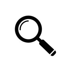 A simple black and white illustration of a magnifying glass with a handle on a white background