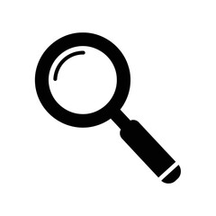 A simple black and white illustration of a magnifying glass on a plain white background design icon
