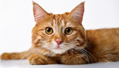 close up of an alert orange tabby cat lying on a white surface showcasing its expressive eyes and fur