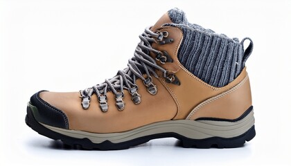 beige and brown hiking boots with gray knit cuffs