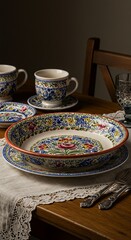Polish Pottery Dinnerware Set with Floral Design on Wooden Table