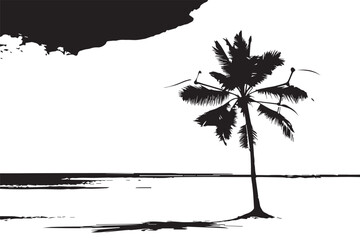 A scenic view of a palm tree on a sandy beach under a blue sky with fluffy white clouds above the ocean