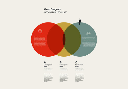 Triple Venn Diagram Horizontal Infographic Template with Minimal Illustration