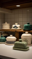 Rustic Kitchen Shelf Display of Vintage Ceramic Butter Dishes
