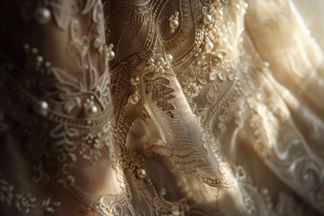 Naklejka premium In a close-up shot, the lace and pearl embellishments of the wedding dress shimmer under the light