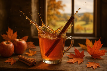 Apple cider with cinnamon sticks in cup.