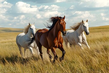 Fototapeta premium Galloping steeds race across the prairie, their manes flowing in the wind