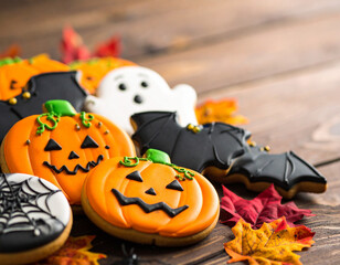 Pumpkin and bat-shaped Halloween cookies lie scattered across a wooden surface. The scene is cozy, festive, and full of autumn charm.