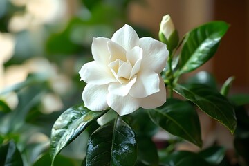 The gardenia blooms quietly in the pot, its pure white petals emitting a faint fragrance