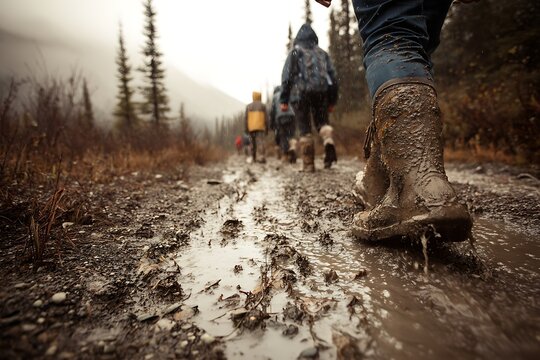 Hiking in muddy conditions with waterproof boots adventure travel outdoor activity hiking boots trail