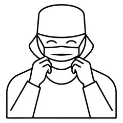 Surgeon Adjusting Surgical Mask Both Hands Line Art Illustration