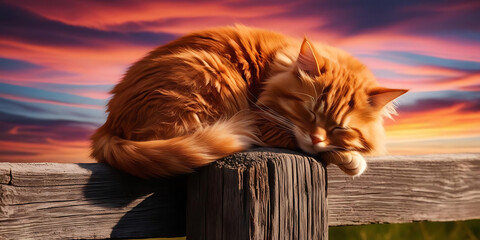 A fluffy orange cat peacefully sleeps on a wooden post