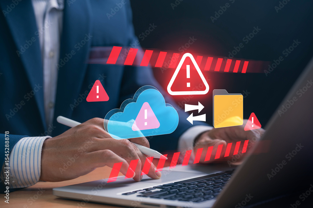 Fototapete Cloud storage failure with cybersecurity warning alert symbols as business user encounters data breach risk while accessing digital folders on laptop showing system error and threat to secure.