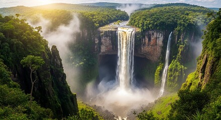 Fototapeta premium Majestic Waterfall Cascading Through Jungle Cliffs