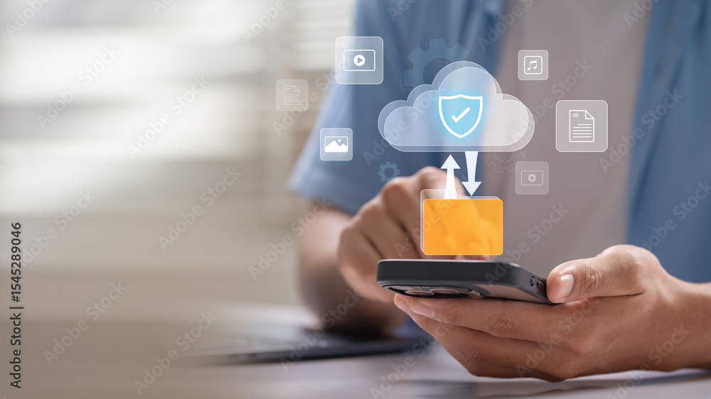 Fototapete Cloud technology mobile data security with user accessing encrypted files through smartphone to upload and download digital content using secure cloud storage solution for remote work and connectivity