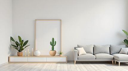 Minimalist living room with wooden frame and cactus on white shelf
