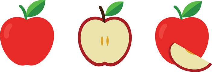 Three Red Apples in Different Forms Whole Half and Sliced Isolated on a White Background