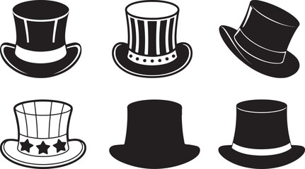 Set of black and white hat icons including top hats and classic styles in vector illustration style