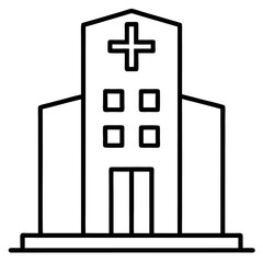 Tall White Hospital Building Black Outline Cross Emblem