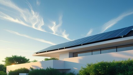 Obraz premium Sleek modern house with rooftop solar panels under a clear blue sky, showcasing sustainable architecture and clean energy design in a minimalist residential setting