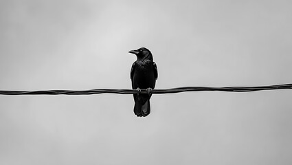 A solitary black crow perched on a wire against a gray sky