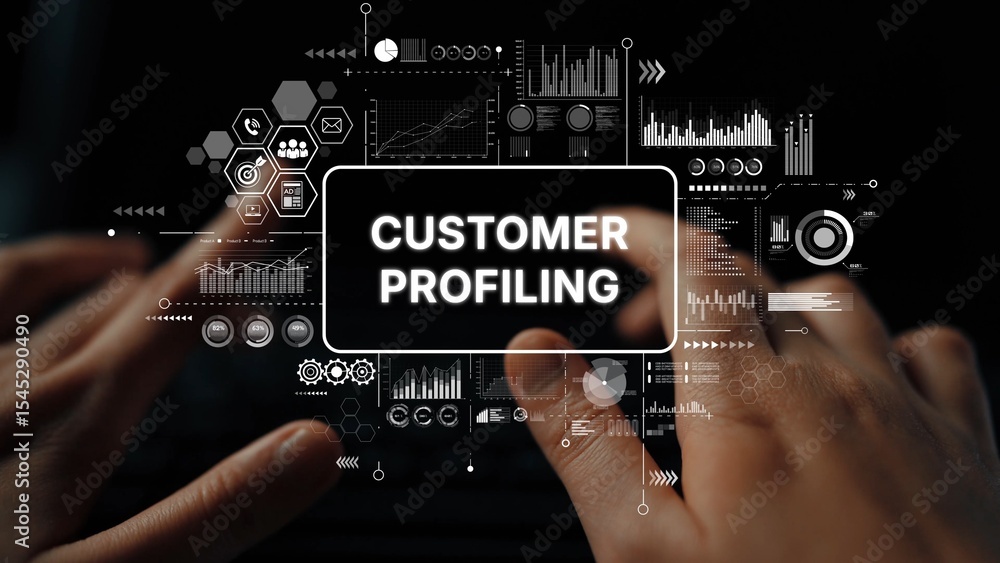 Poster hands typing on laptop with customer profiling graphics, data analysis, and business reports display