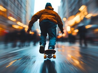 A skateboarder navigates through the streets, with urban architecture and crowds in the background