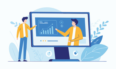  business working with video conference meetings online and online Financial advisor, video training, tutorial podcast and business coaching concept.  