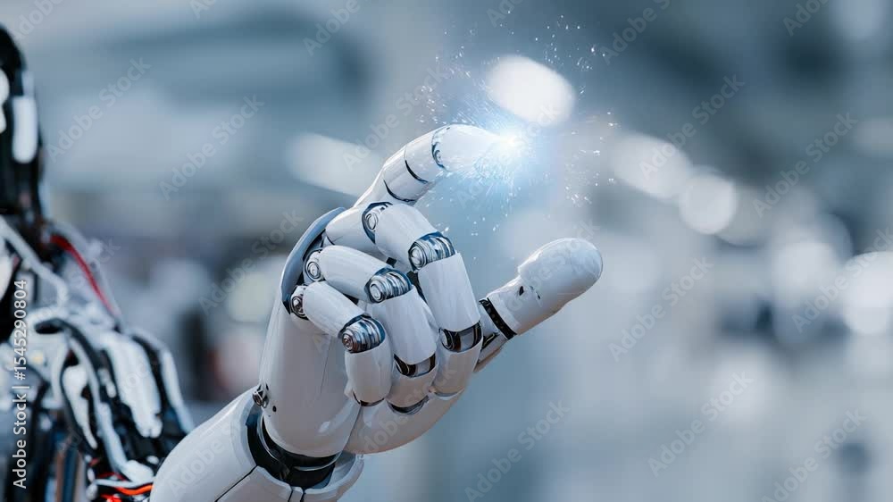 Poster robot hand interacts with light effect in futuristic technology environment