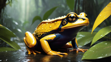 In a dense rainforest under heavy rain, a black and gold frog crouches under a broad leaf
