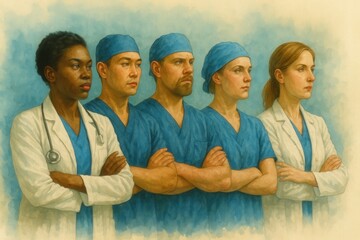 Watercolor Illustration of Focused Medical Team in Line