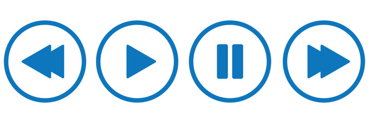 Media player button icons set.Pause, rewind, fast forward Play video icon collection.Vector Illustration. Play button. Video audio player. Music video start sign. Round play button icons.