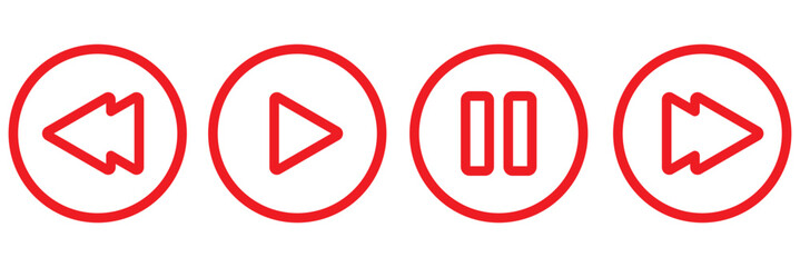 Media player button icons set.Pause, rewind, fast forward Play video icon collection.Vector Illustration. Play button. Video audio player. Music video start sign. Round play button icons.