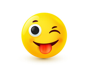 Vector illustration of yellow teasing smile emoji. Happy emotion face with tongue. 3d cartoon style design of positive winking emoticon. Happy mood and facial expression. Funny smile character icon