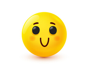 Vector illustration of yellow smile embarrassed emoji. 3d cartoon style design of positive emoticon with cheek. Happy emotion face. Funny smile character icon. Happy mood and facial expression