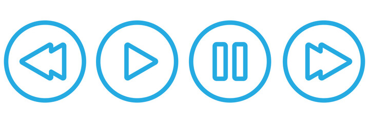 Media player button icons set.Pause, rewind, fast forward Play video icon collection.Vector Illustration. Play button. Video audio player. Music video start sign. Round play button icons.