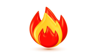 Vector illustration of red and yellow color burning flame of fire. Shine glossy emoji fire on white background. Bonfire or campfire flame symbol. 3d cartoon style design