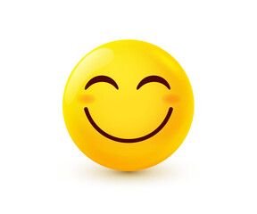 Vector illustration of yellow smile emoji. 3d cartoon style design of positive emoticon with closed eyes. Funny smiley character icon. Happy emotion face with smile. Facial expression and happy mood