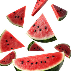 Watermelon slices falling isolated on transparent background