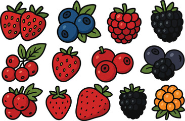 Various Cartoon Berries Isolated on White Background Strawberries Blueberries Raspberries Blackberries Cloudberries and Cranberries