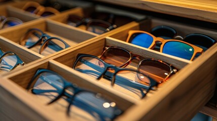 In the drawer of a wardrobe, several pairs of glasses are neatly arranged