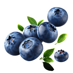 Obraz premium Fresh blueberries with leaves isolated on transparent background