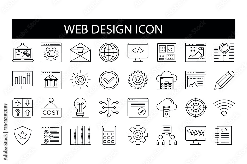 Poster set of outline icons related to web design. linear icon collection. editable stroke. vector illustra