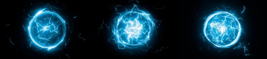 Blue Electricity spark Sphere Overlay Effect, Lightning Bolt, Circle Magic Energy Sparks Power Visual FX, Electric Discharge on Black Background, VFX, cyan Thunder Design