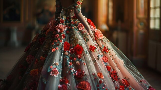 In a close-up shot, the hemline and decorative details of the gown are fully revealed under the lighting - Powered by Adobe